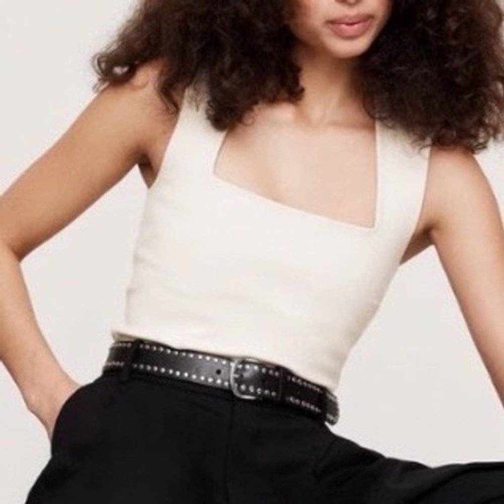Banana Republic Everywhere Ponte Square Neck Top Cream Minimalist Model Off Duty